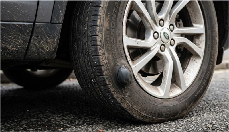 Tire sidewall bulge bubble protruding outward on the sidewall (unsafe)