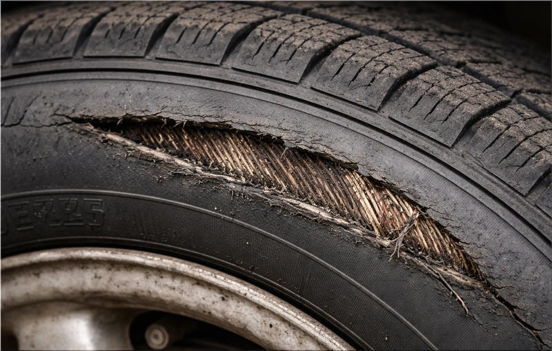 Tire sidewall cut with cords or fabric showing through (unsafe)