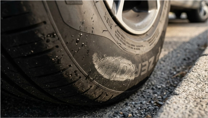 Tire sidewall scuff from curb contact with no cords showing (caution)